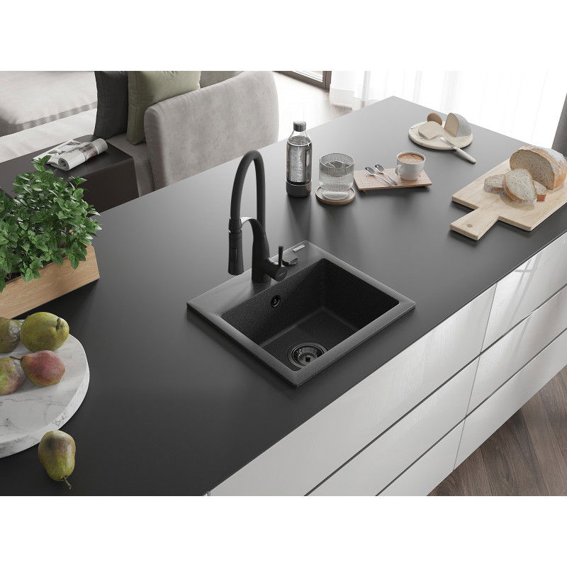 Mexen Milo гранитна мивка с 1 камера и кухненски смесител Aster, черно на точки - 6505-76-73450-70-B