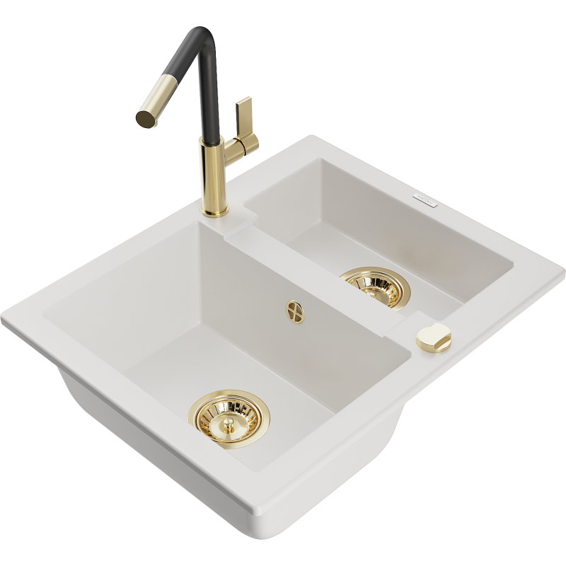 Mexen Carlos гранитна кухненска мивка 1,5-камерна с батерия Flora, бяла