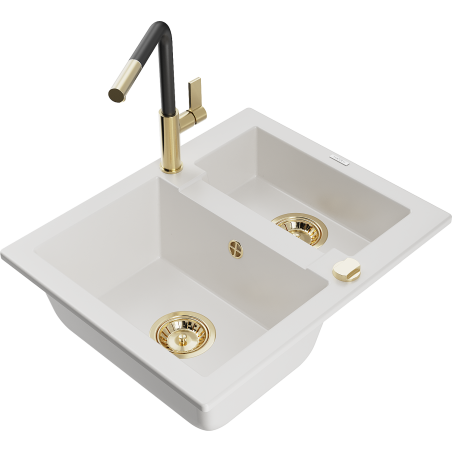 Mexen Carlos гранитна кухненска мивка 1,5-камерна с батерия Flora, бяла