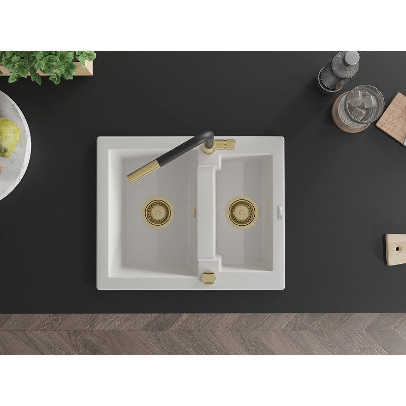 Mexen Carlos гранитна кухненска мивка 1,5-камерна с батерия Flora, бяла