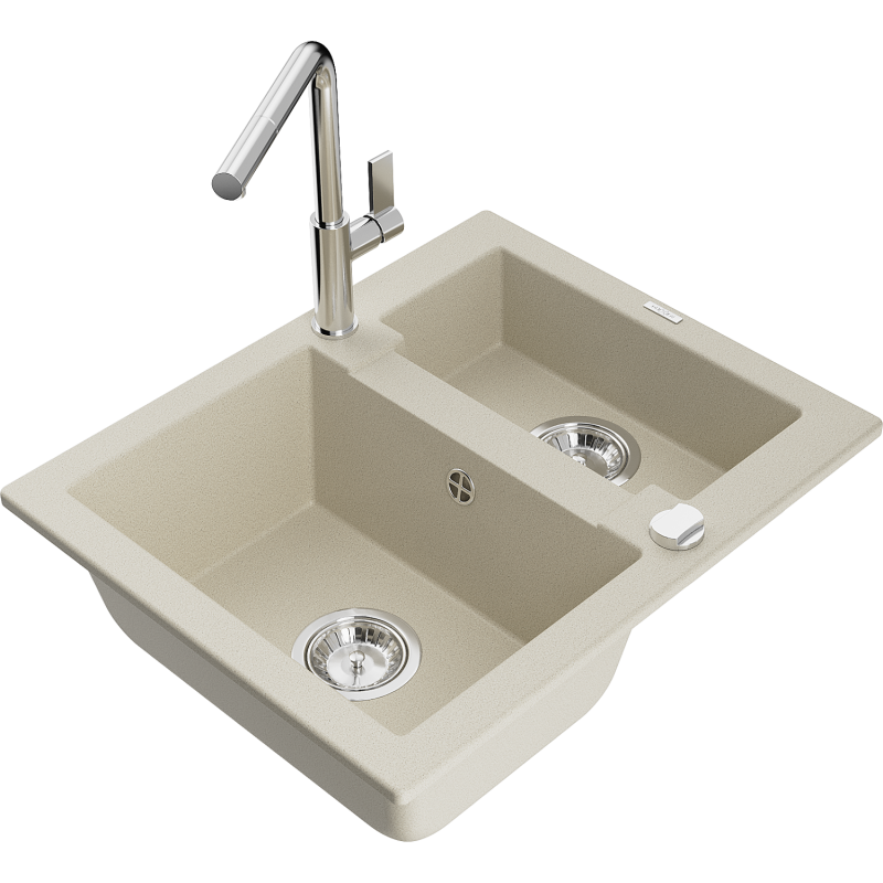 Mexen Carlos гранитна мивка с 1,5 камери с кухненски смесител Flora, бежова