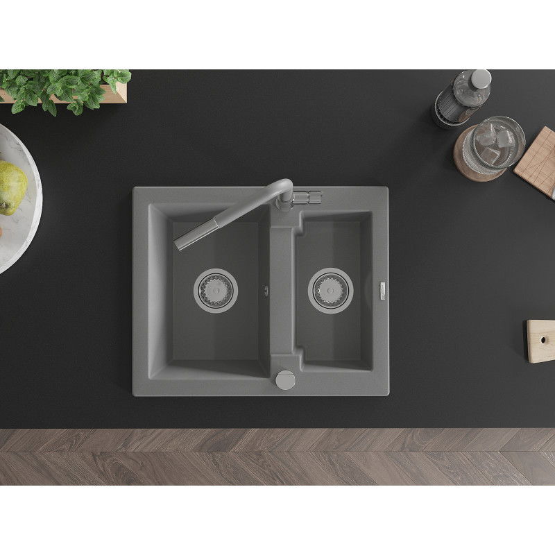 Mexen Carlos гранитна мивка 1,5-камерна с кухненски смесител Flora, сив - 6518-71-670401-06