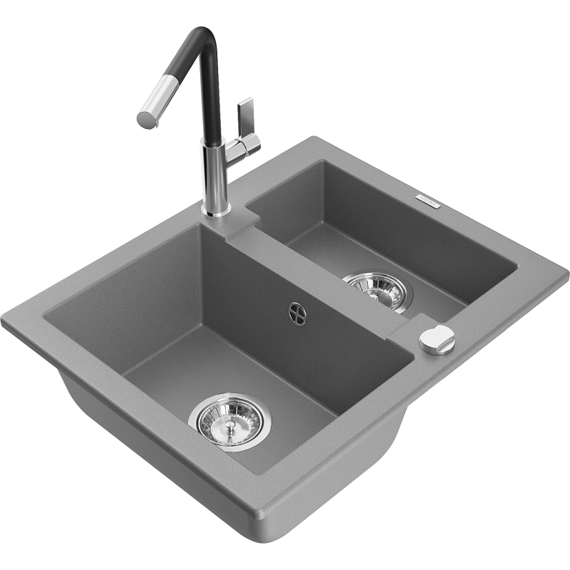 Mexen Carlos гранитна мивка с 1,5 отделения и кухненски смесител Flora, сив