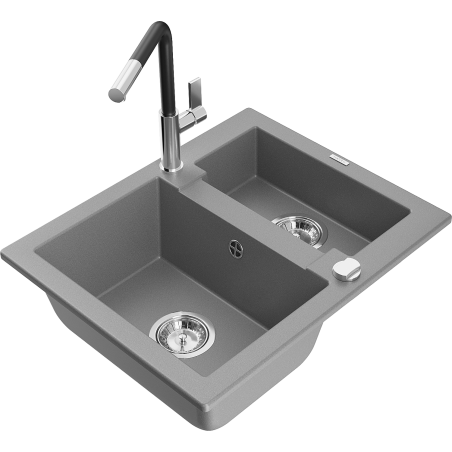 Mexen Carlos гранитна мивка с 1,5 отделения и кухненски смесител Flora, сив