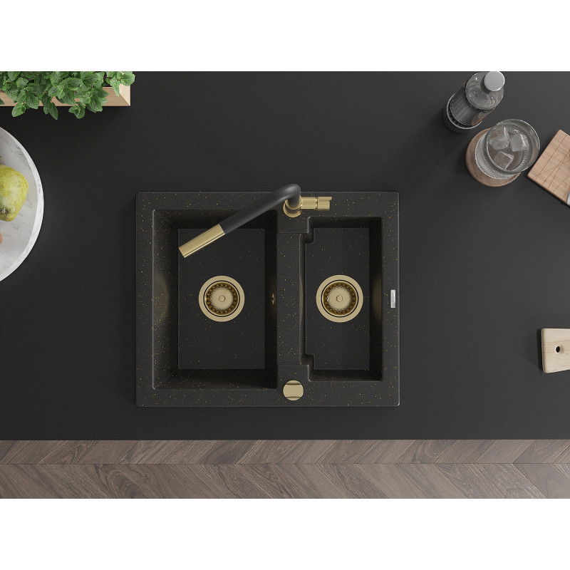 Mexen Carlos гранитна мивка 1,5 камери с кухненски смесител Flora, черен/златен металик - 6518-75-670401-57-G