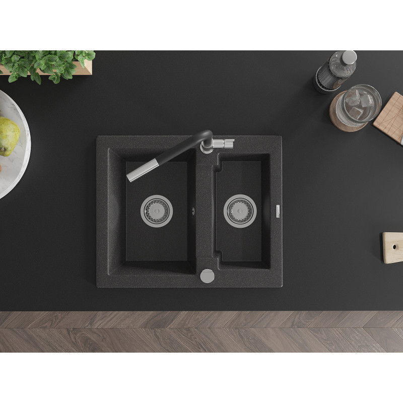 Mexen Carlos гранитна мивка с 1,5 камери с кухненски смесител Flora, черна на
