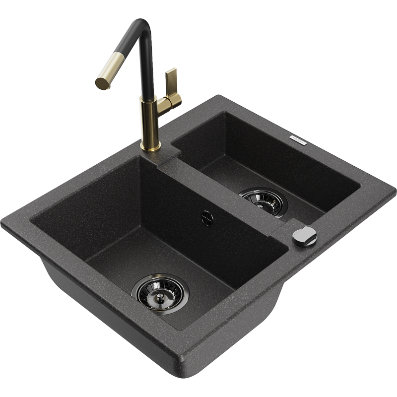 Mexen Carlos гранитна мивка с 1,5 камери с кухненски смесител Flora, черен на