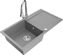 Mexen Leo гранитна кухненска мивка с 1 корито с отцедник и кухненски смесител Elia, сив - 6501-71-670101-00
