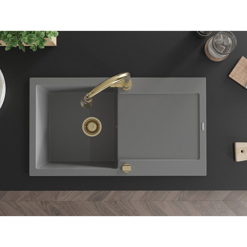 Mexen Leo гранитна мивка с 1 отделение и отцедник и кухненски смесител Elia, сив - 6501-71-670101-50