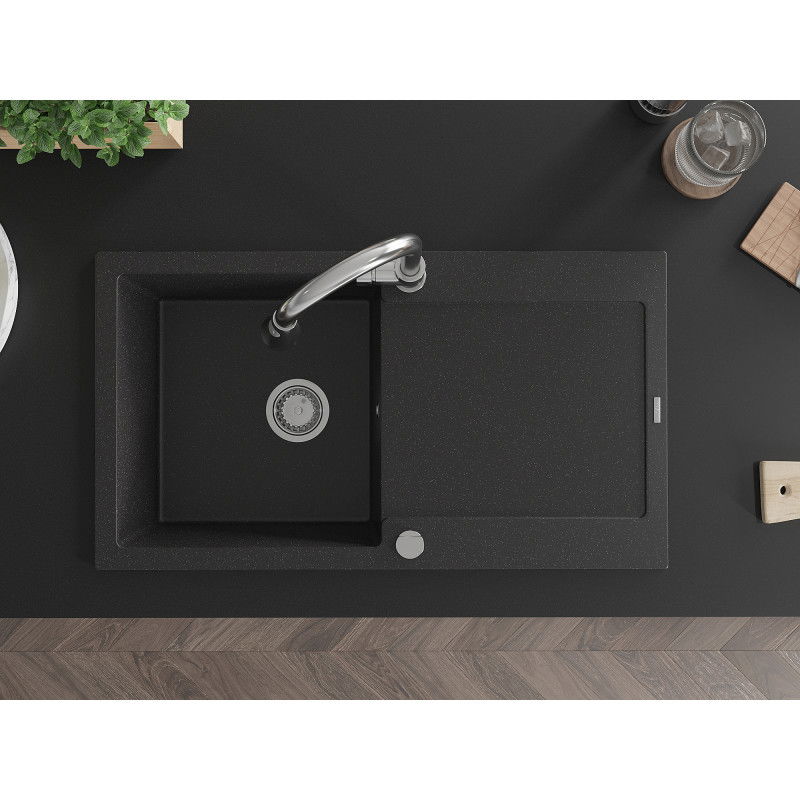 Mexen Leo гранитна мивка с 1 корито с отцедник и кухненски смесител Elia, черен/сребрист металик - 6501-73-670101-00