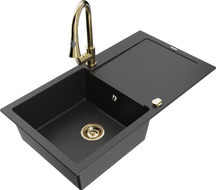 Mexen Leo еднокамерен гранитен мивка с дренаж и кухненски смесител Elia, черен/сребрист металик - 6501-73-670101-50