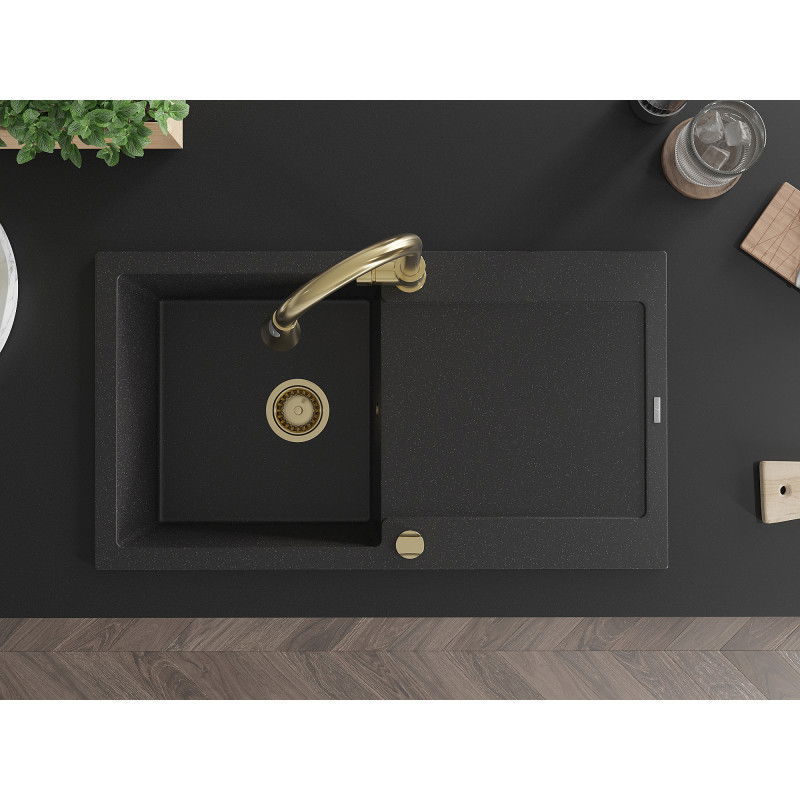Mexen Leo еднокамерен гранитен мивка с дренаж и кухненски смесител Elia, черен/сребрист металик - 6501-73-670101-50