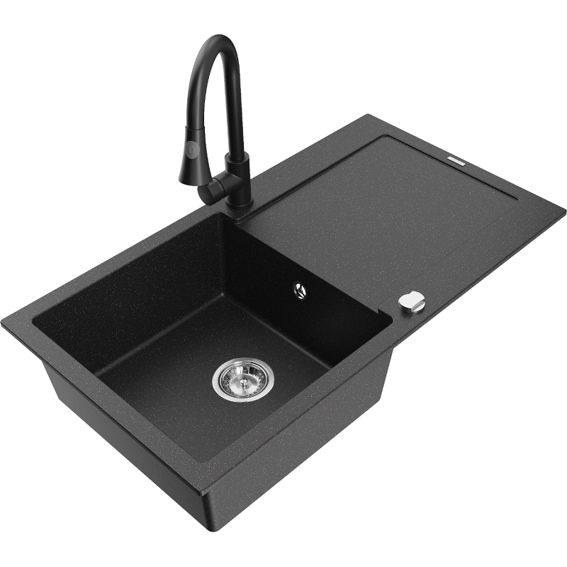 Mexen Leo гранитна мивка с 1 камера със сушилник и кухненски смесител Elia,