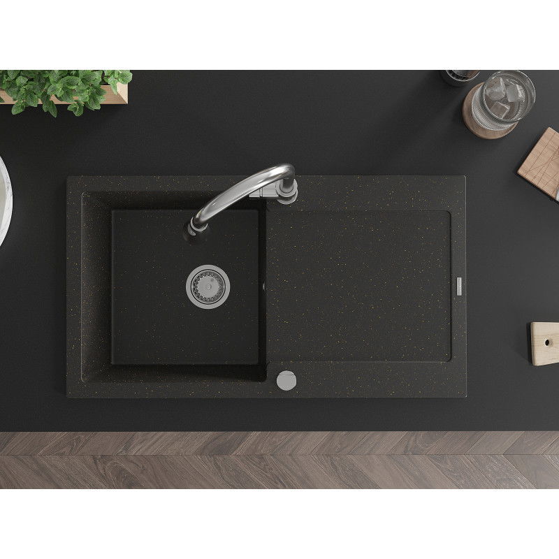 Mexen Leo гранитна мивка 1-камерна с изцедник и кухненски смесител Elia, черно/златен металик - 6501-75-670101-00