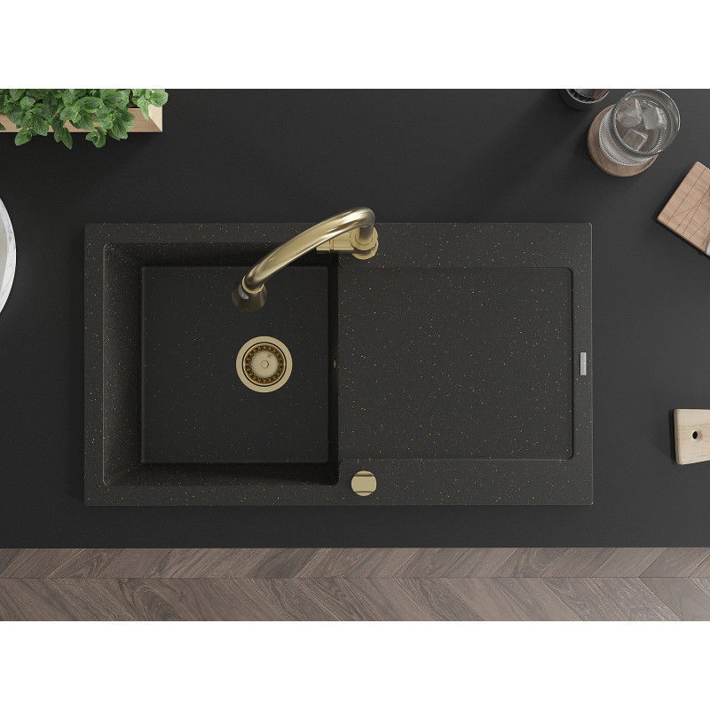 Mexen Leo гранитна мивка с 1 корито с отцедник и кухненски смесител Elia, черно/златен металик - 6501-75-670101-50