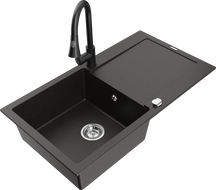 Mexen Leo гранитна мивка с 1 камера с отцедник и кухненски смесител Elia, черен/златен металик - 6501-75-670101-70