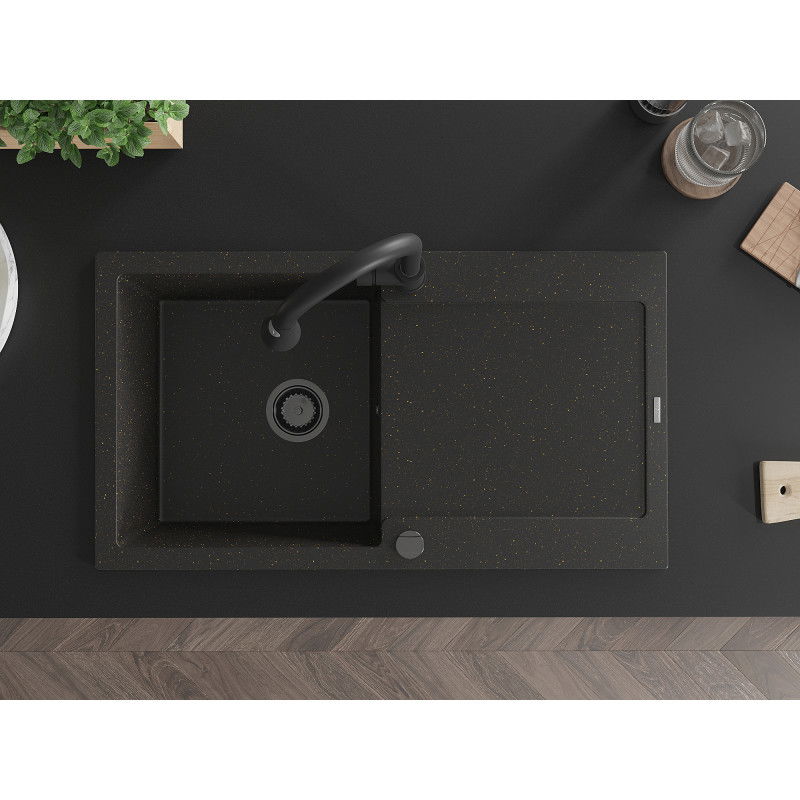 Mexen Leo мивка от гранит с 1 отделение с отцедник и кухненски смесител Elia, черно/златен металик - 6501-75-670101-70-B