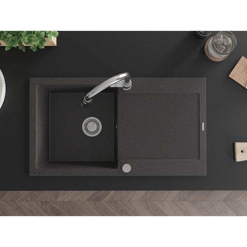 Mexen Leo кухненска мивка от гранит с 1 отделение и отцедник с кухненски смесител Elia, черна с пръски - 6501-76-670101-00