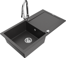Mexen Leo кухненска мивка от гранит с 1 отделение и отцедник с кухненски смесител Elia, черна с пръски - 6501-76-670101-00