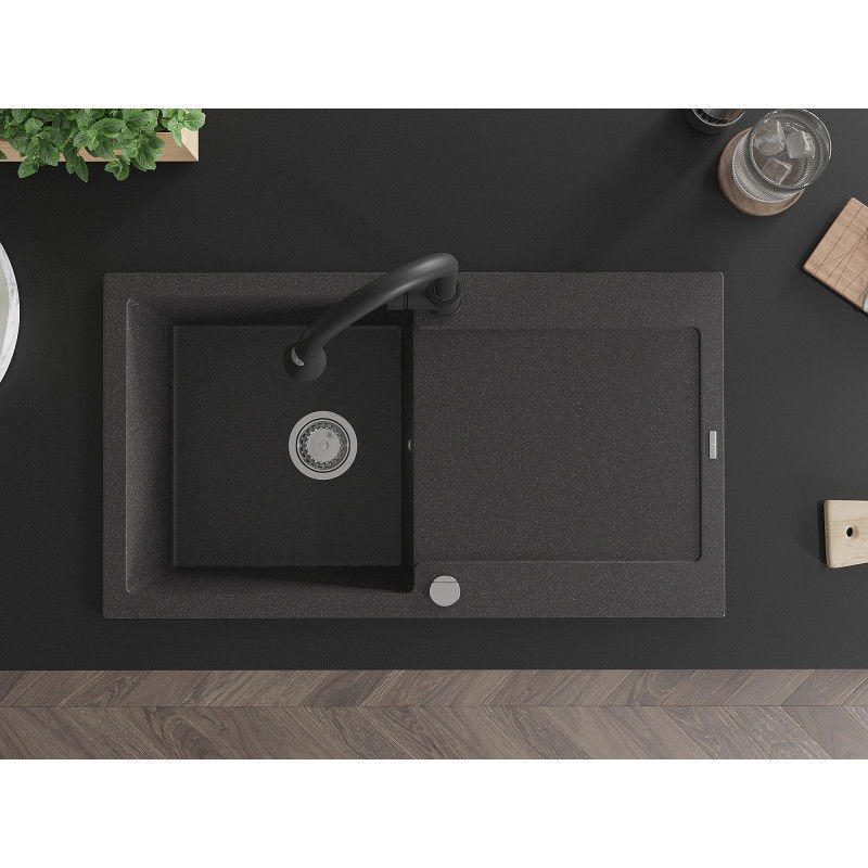 Mexen Leo гранитна мивка с 1 корито с отцедник и кухненски смесител Elia, черен напрашен - 6501-76-670101-70