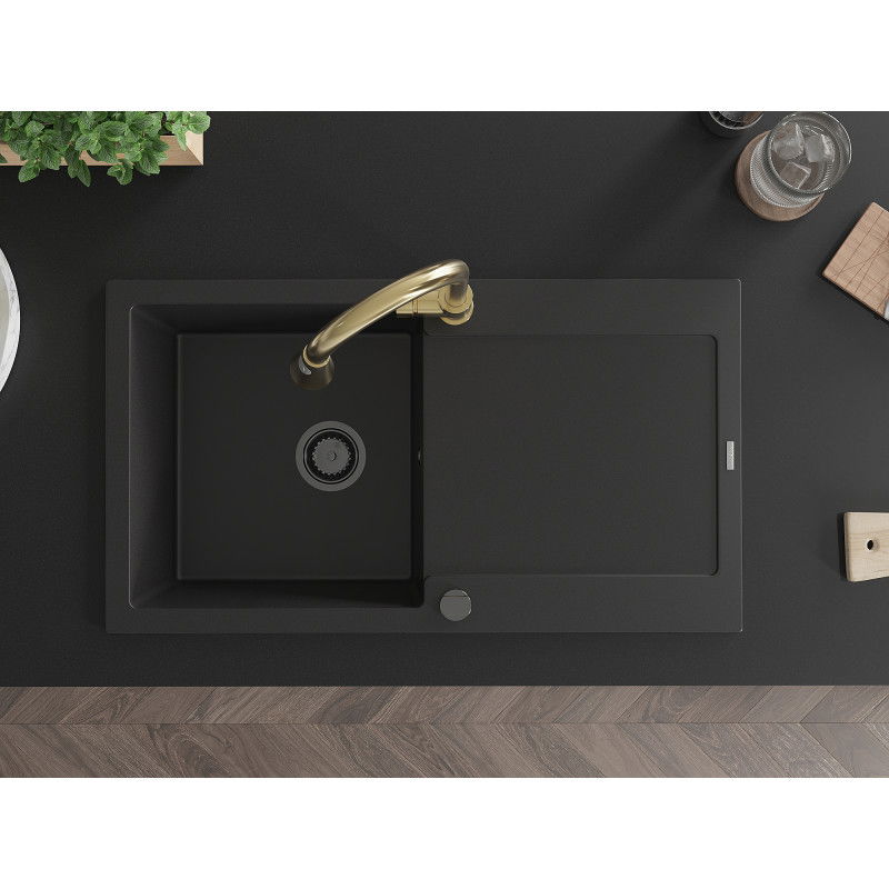 Mexen Leo гранитна мивка с една камера и отцедник и кухненски смесител Elia, черен - 6501-77-670101-50-B
