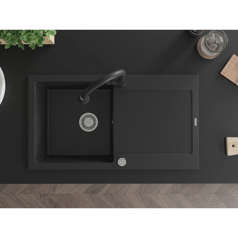 Mexen Leo гранитна мивка с 1 отделение с отцедник и кухненски смесител Elia, черен - 6501-77-670101-70