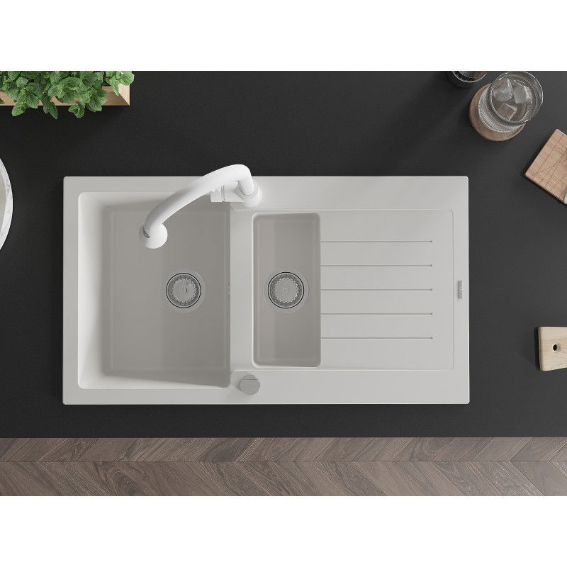 Mexen Matias гранитна мивка с 1,5 камери и отцедник и кухненски смесител Elia, бял - 6502-20-670101-20