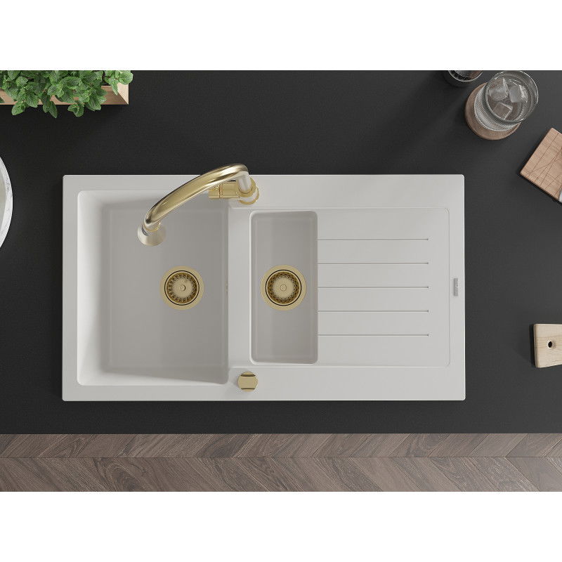 Mexen Matias гранитна мивка 1,5-коморна с отцедник и кухненски смесител Elia, бял - 6502-20-670101-50