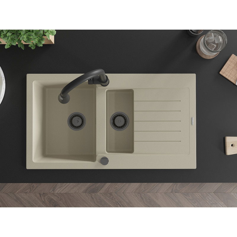 Mexen Matias гранитна мивка 1,5-къморна с оцеждател и кухненски кран Elia, бежов - 6502-69-670101-70