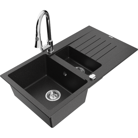 Mexen Matias гранитна мивка с 1,5 камери с отцедник и кухненски смесител Elia,