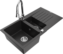 Mexen Matias гранитна мивка с 1,5 камери с отцедник и кухненски смесител Elia,