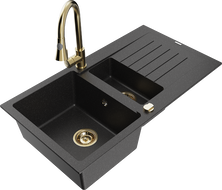 Mexen Matias гранитна мивка 1,5-камерна с отцедник и кухненски смесител Elia, черен/сребрист металик - 6502-73-670101-50