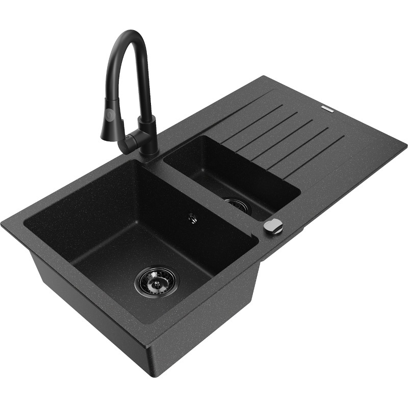 Mexen Matias гранитна мивка с 1,5 камери с отцедник и кухненски смесител Elia,