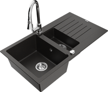 Mexen Matias гранитна мивка 1,5-камерна с отцедник и кухненски смесител Elia, черен/златен металик - 6502-75-670101-00