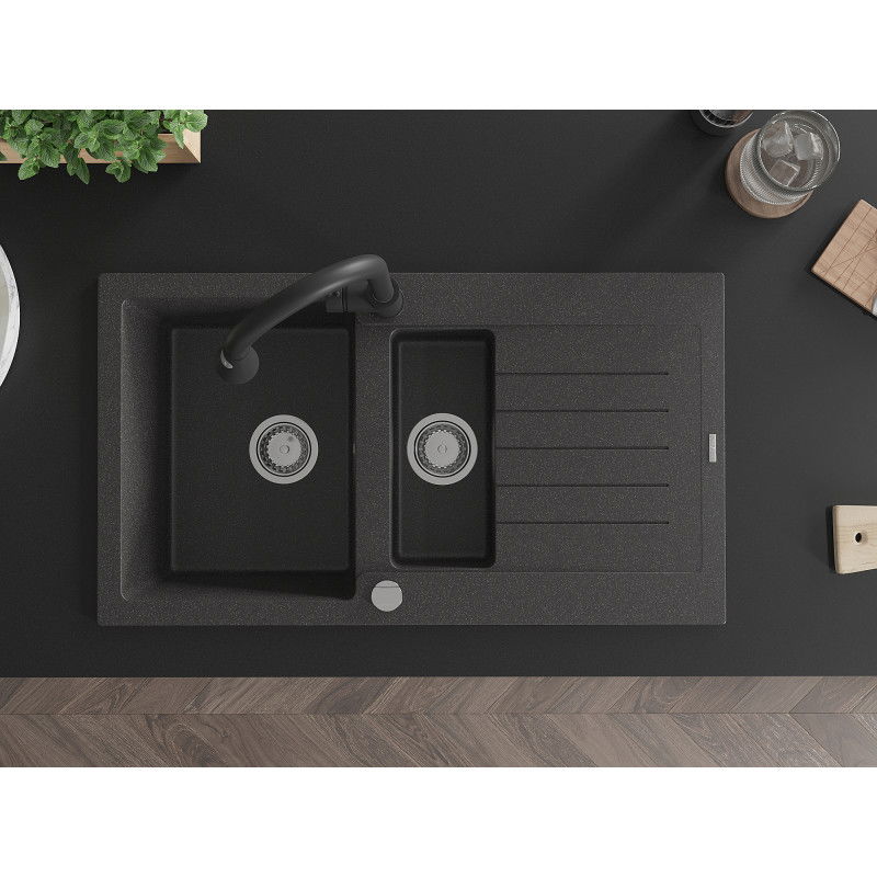 Mexen Matias гранитна мивка 1,5-камерна с отцедник и кухненски смесител Elia, черна с пръски - 6502-76-670101-70
