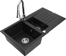 Mexen Matias гранитна мивка 1,5 камери с отцедник и кухненски смесител Elia, черен - 6502-77-670101-00