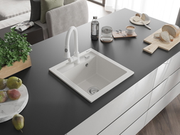 Mexen Vito еднокомпонентна гранитна мивка с кухненски смесител Elia, бял - 6503-20-670101-20