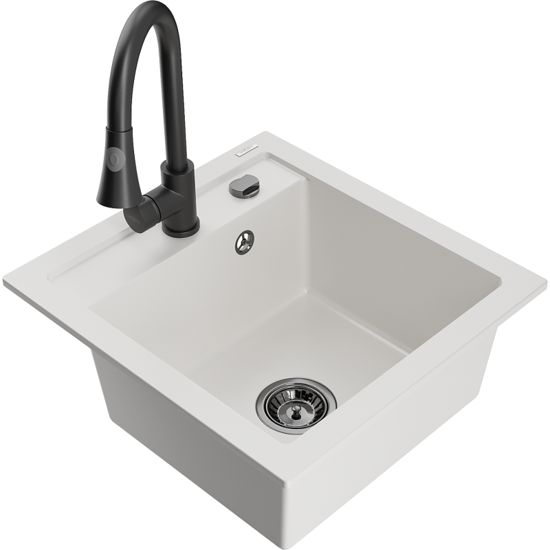 Mexen Vito гранитна мивка с 1 камера с кухненски смесител Elia, бял - 6503-20-670101-70