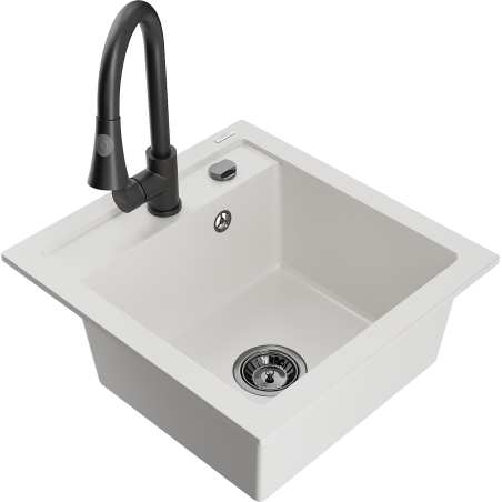 Mexen Vito гранитна мивка с 1 камера с кухненски смесител Elia, бял - 6503-20-670101-70