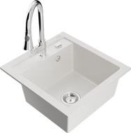 Mexen Vito гранитна кухненска мивка с едно корито и кухненски смесител Elia, бял - 6503-20-670101-00