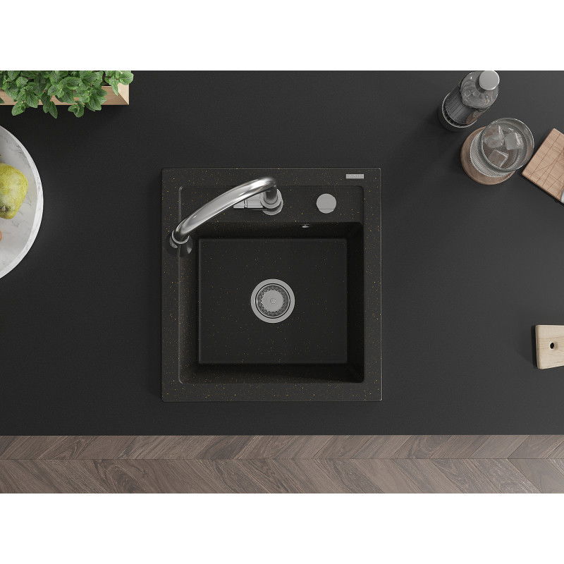 Mexen Vito кухненска мивка от гранит с 1 отделение и смесител Elia, черен/златист металик - 6503-75-670101-00