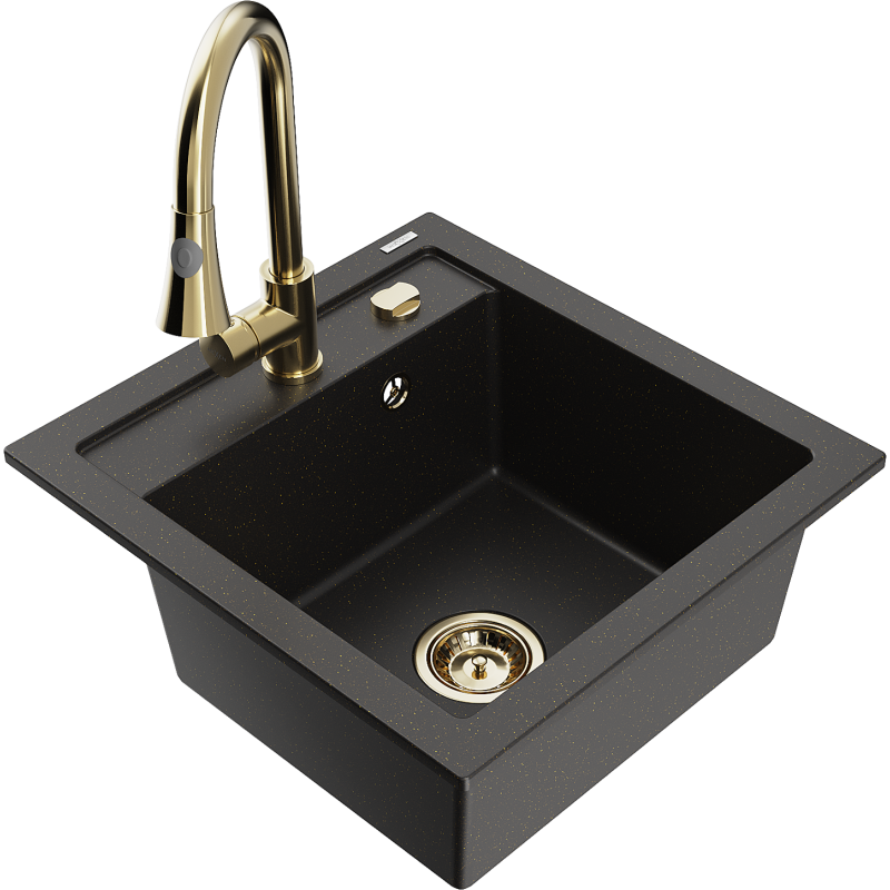 Mexen Vito гранитна кухненска мивка с 1 отделение с кухненски смесител Elia, черен/златен металик - 6503-75-670101-50
