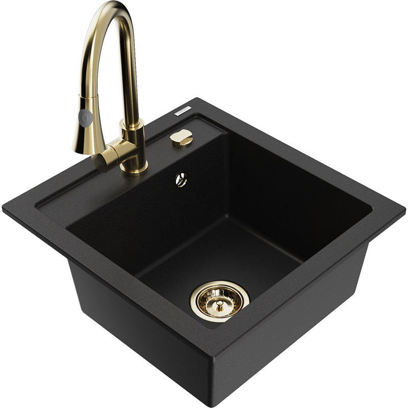 Mexen Vito гранитна кухненска мивка с една камера с кухненски смесител Elia, черен - 6503-77-670101-50