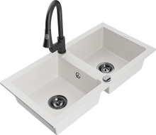 Mexen Mario гранитна мивка с 2 камери с кухненски смесител Elia, бял - 6504-20-670101-70