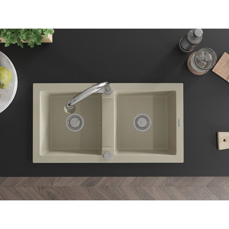 Mexen Mario гранитна кухненска мивка с 2 отделения с кухненски смесител Elia, бежов - 6504-69-670101-00