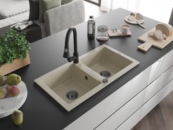 Mexen Mario гранитна мивка с 2 отделения с кухненски смесител Elia, бежов - 6504-69-670101-70