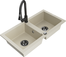 Mexen Mario гранитна мивка с 2 отделения с кухненски смесител Elia, бежов - 6504-69-670101-70