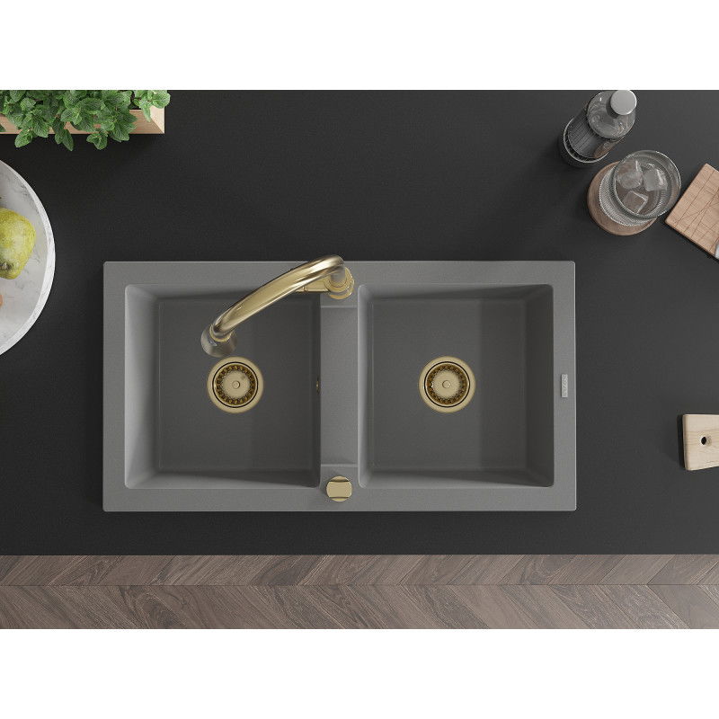 Mexen Mario гранитна мивка с две корита с кухненски смесител Elia, сив - 6504-71-670101-50