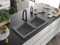 Mexen Mario двоен кухненски мивка от гранит с кухненски смесител Elia, сив - 6504-71-670101-70-B