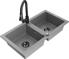 Mexen Mario двоен кухненски мивка от гранит с кухненски смесител Elia, сив - 6504-71-670101-70-B